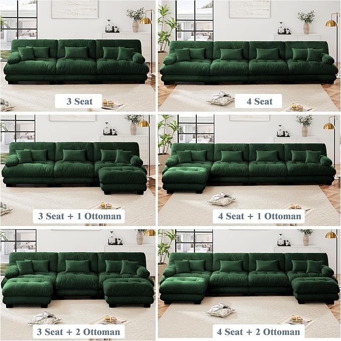 Oversized Modular Velvet Sectional Cloud Sofa Couch with Movable OttomanCorner Sofa with Comfortable Armrests Deep Seat Convertible L or U Shaped Couch (Dark Green 2 Seat +2 Ottoman)