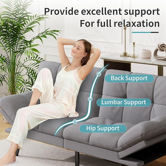 MUUEGM 71 Futon Sofa Bed Comfortable Memory Foam Futons Sofa with Adjustable Backrest &amp Armrests Convertible Loveseat Futon Bed for Compact Living Room Apartment Office Grey