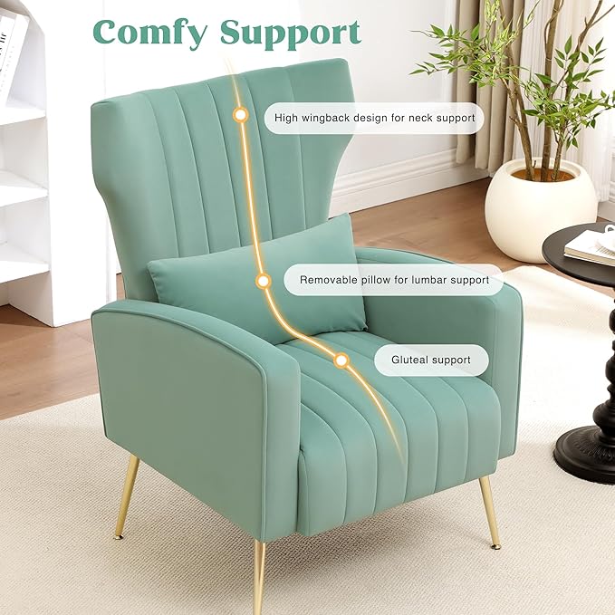 Accent Chairs Set of 2Upholstered Living Room ChairsHigh Back Arm Chairs with Metal Legs Lumbar Reading Chairs for Living RoomBedroom Apartment Lake Green