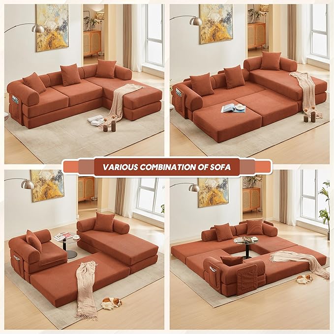 L Shaped Convertible Modular Sofa Bed with Cylindrical Pillow &amp Reversible Chaise Corduroy Folding Floor Sofa Couch Bed with Fixed-Shape Frame &amp Storage Pocket for Living Room Orange