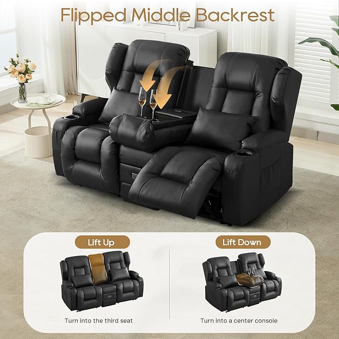 DRMBOOK RV Loveseat Recliner Sofa Double Wall Hugger Reclining Couches Manual Reclinable Movie Seating 2 Person Recliner for Travel Trailer (Leather Black 2 Seater with Reversible Console)