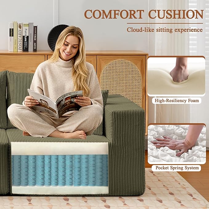Modular Sectional Sofa for Living Room 108 Cloud Couch Sectional with L-Shape Chaise Modern Upholstered Corduroy Boneless Couch with Memory Foam Deep Seat No Assembly Required (Green)