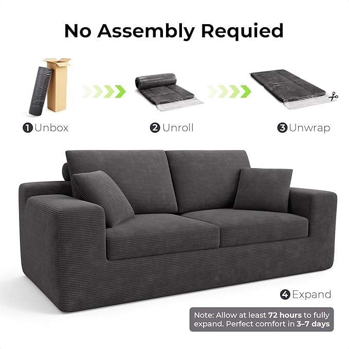 LIKIMIO Loveseat Sofa in a Box 78 Cloud Boneless Couch for Living Room with 30 Comfy Deep Seat Modern Upholstered Corduroy Sofa for Apartment Home Office No Assembly Dark Grey