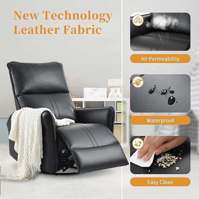 Swivel Rocker Recliner Chair Upholstered 360° Fabric Leather Glider Rocker Chair for Nursery Manual Small Recliners for Small Spaces Living Room Weight Capacity 300lbs