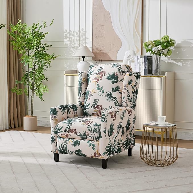 Push Back Recliner Chair with High Back Blue Floral Print Fabric Upholstery Classic Wing Back Design 250 LBS Capacity (Green)