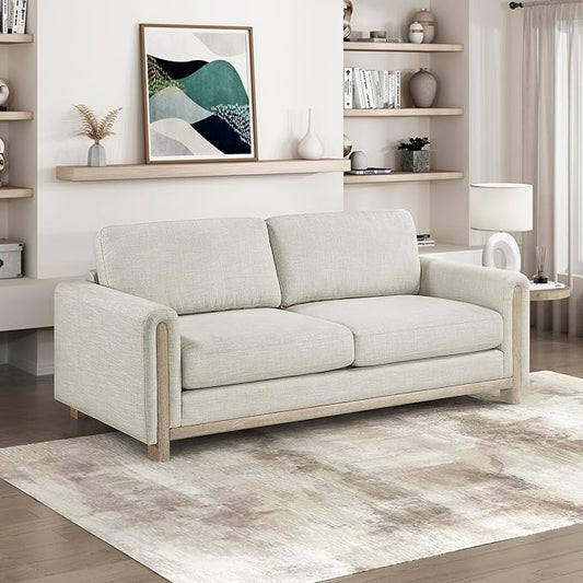 Lexicon Modern Upholstered Living Room Sofa Textured Fabric Sofa Couch Track Arm Wood Frame and Natural Finish Wood Legs Reversible Back Cushion No Assembly Beige