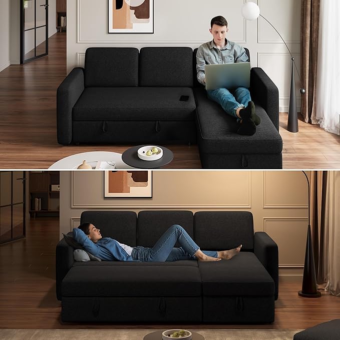 Yaheetech Sectional Sofa L-Shaped Sofa Couch Bed w/Chaise &amp USB Reversible Couch Sleeper w/Pull Out Bed &amp Storage Space Living Room Black