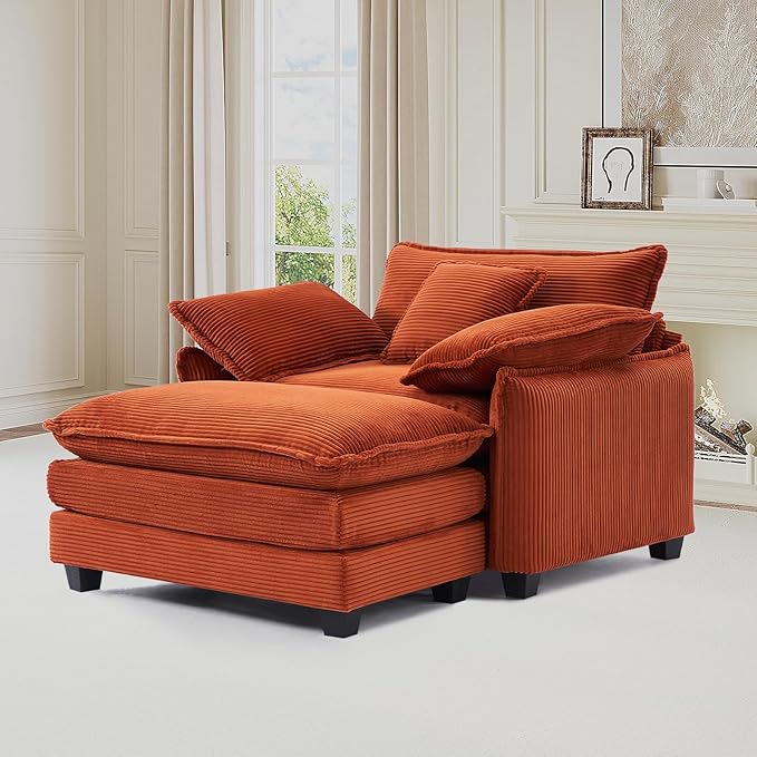 Oversized Chair with Ottoman Modern Corduroy Sofa Bed Single Sofa Chaise Large Upholstered Sofa for Living Room Bedroom (Orange)