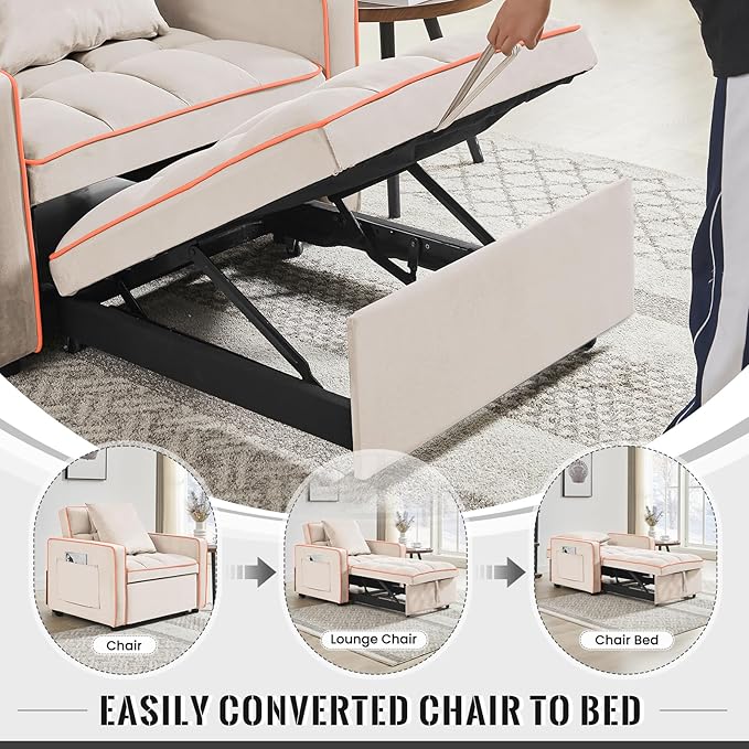 3 in 1 Velvet Sleeper Chair Pull Out Convertible Single Sofa Bed Futon Modern Tufted Chair Bed with Adjustable Backrest Pullout Sleeper Sofa Chair for Bedroom Living Room Indoor Lounge(Beige)