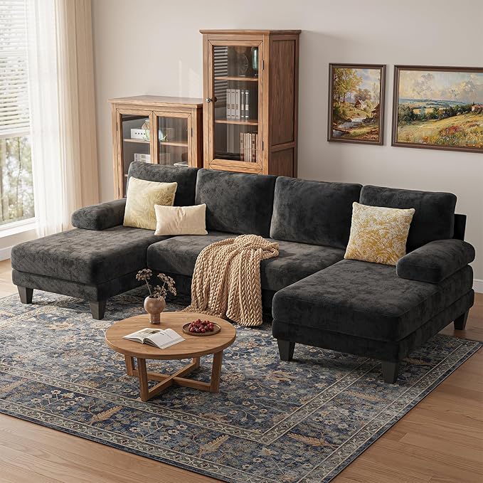Sectional Couches for Living Room | 112 Inch U-Shaped Sectional Couch | 4 Seat Sofa Set with Double Chaise for Apartment | Black Chenille