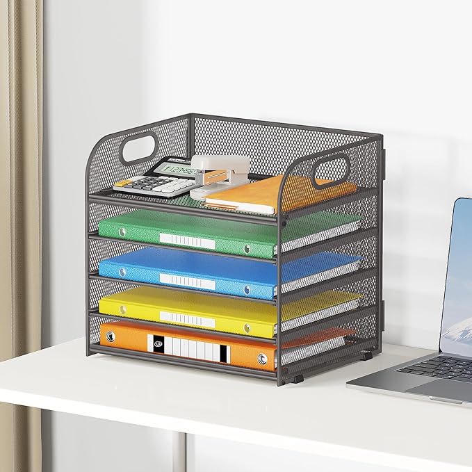 Lavatino 5 Tray Desk File Organizer Mesh Paper Sorter Letter Tray Organizer with Handle Desktop File Organizer and Storage for Letter/A4 Office File Folder- Grey