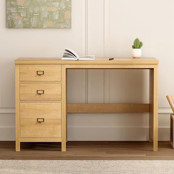 47 Executive Desk with File Drawer Farmhouse Wood Home Office Desk with Storage Drawer Computer Writing Desk for Study Office Natural Oak