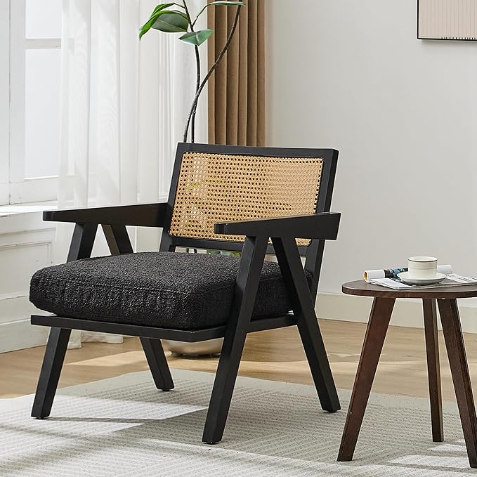 Garvee Mid-Century Modern Accent Chair Linen Upholstered Lounge Chair withWood Frame Soft Cushion - Comfortable Reading Armchair for Living Room Bedroom Office - Black 2 PCS