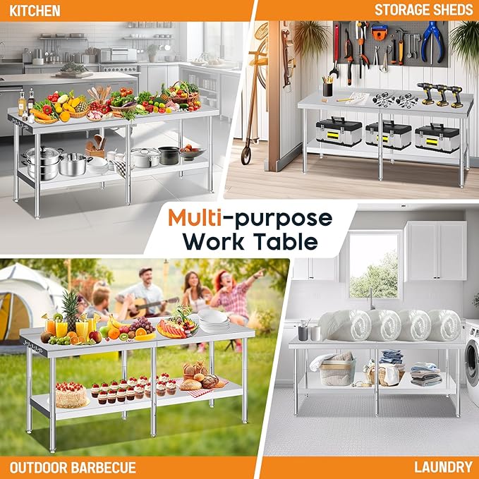Jocisland 30 x 82 Stainless Steel Table for Prep &amp Work NSF Certified with Backsplash Adjustable Under Shelf &amp Safe Design for Restaurant Home and Outdoor