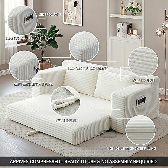 73 Convertible Sleeper Sofa Comfy Corduroy Foldable Sofa Bed with 2 Pillows Floor Sofa Lounge Couch in Box for Living Room Bedroom Lounge Studio No AssemblyBeige