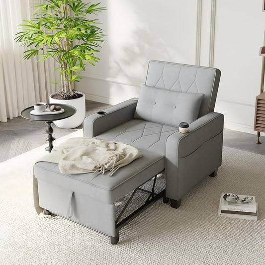 AILEEKISS 3 in 1 Convertible Sleeper Chair Bed Pull Out Sofa Chair Bed with Cup HoldersUSB &amp Type C PortsSide Pockets Linen Fabric Sleeper Single Sofa Couch for LivingroomApartmentOffice(Grey)