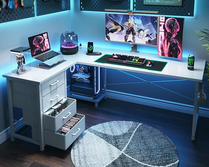 ODK 61'' L Shaped Desk with 4 Drawers Reversible Corner Desk with Storage Gaming Table with Power Outlets USB Ports PC Case Shelf Computer Desk for Home Office Study Easy Assembly White