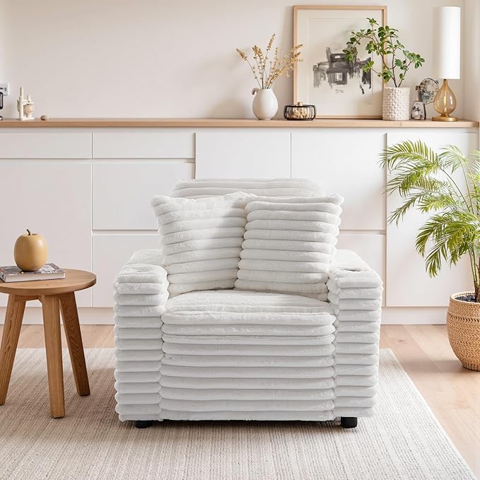 UIXE Accent Chairs Set of 2 Faux Fur Upholstered Armchair with Cup Holder for Living Room Comfy Arm Chair Wide Armrest Single Sofa Bedroom Reading Seat w/Throw Pillows - Beige