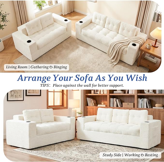 HOMREST Boneless Couch for Living Room 75 3-Seater Sofa w/ 61 Bean Bag Chair Upholstered Cloud Sofa with Cup Holder No Assembly Couch Compressed Floor Sofa for Bedroom Dorm Apartment Beige