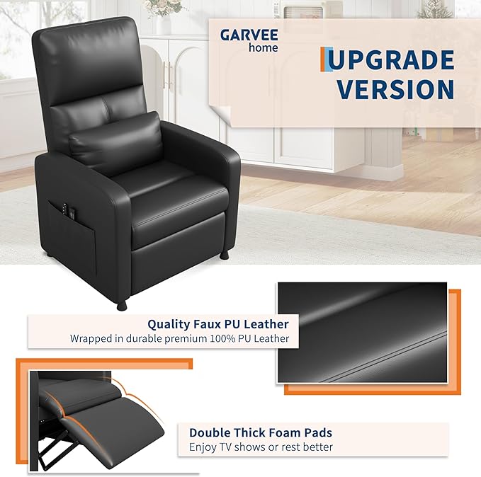 Power Recliner Chair Electric Recliner with Memory Function &amp USB Port Overstuffed PU Leather Living Room Chair with Side Pockets Ergonomic Home Theater Seating Black
