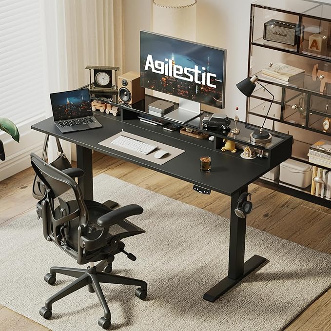 Agilestic Glass Standing Desk with Storage 48 Inch Electric Adjustable Desk with Glass Shelf Sit Stand Up Home Office Computer Table Splice Board Black