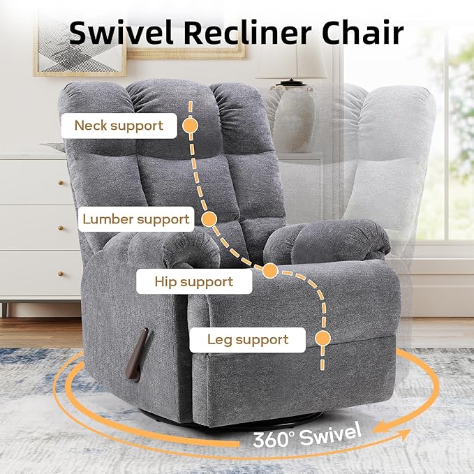CANMOV Swivel Rocker Recliner for Adults Glider Rocking Reclining Chair for Nursery Manual Recliner Chair with Overstuffed Back and Arms for Living Room Bedroom Nursery Grey