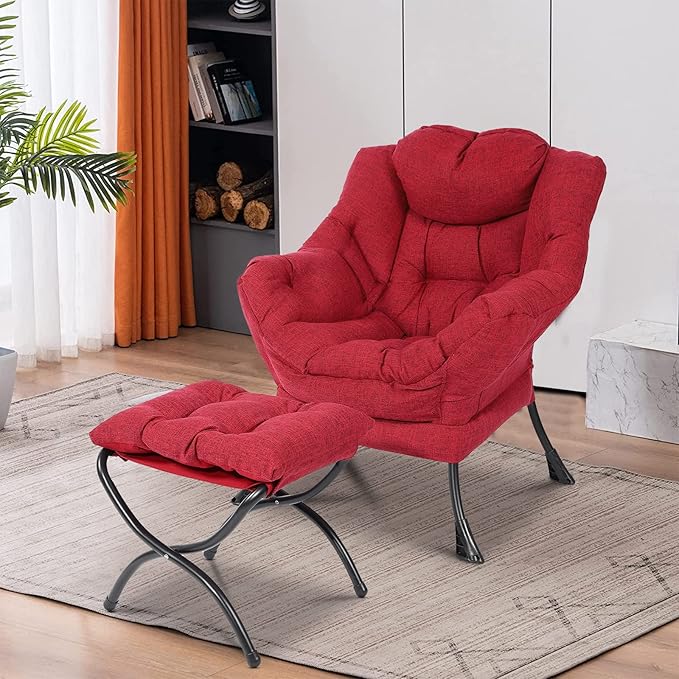 MEETWARM Modern Cotton Fabric Lazy Chair with Ottoman Accent Contemporary Lounge Chair Upholstered Single Leisure Sofa with a Side Pocket Armrests and Thick Padded Back for Living Room(Red)