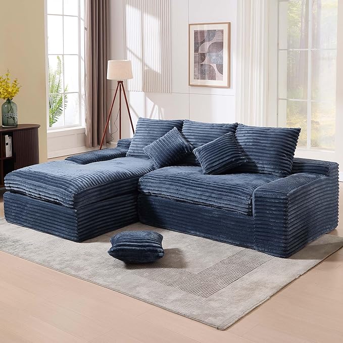 98.8 Cloud L Shape Sectional Couch with Deep Seat Modern Boneless Compressed Sofa with Chaise 4 Seat Corduroy Couches for Living Room Bedroom No Assembly Required (Blue)