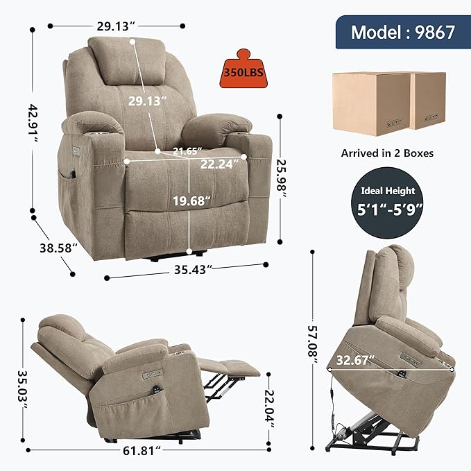 Chenille Electric Power Lift Recliner Chair Massage Single Sofa with Vibration Massage and Lumbar Heating Ergonomic Lounge Couch with Cup Holders and USB Charge Port for Living Room (Khaki)