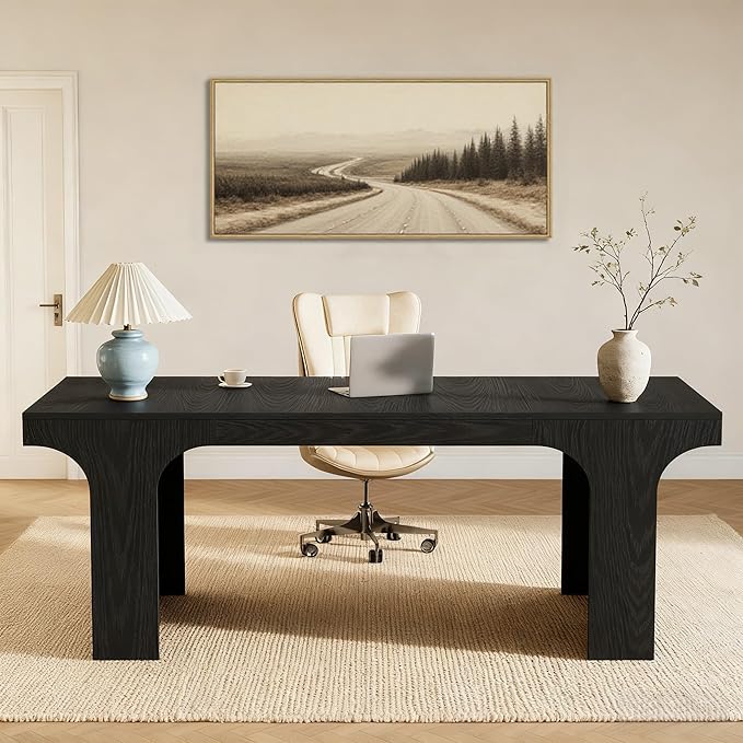 Tribesigns 70.9-Inch Executive Desk Large Wooden Computer Office Desk Modern Writing Table Business Workspace Home Office Furniture with Arched Design Black