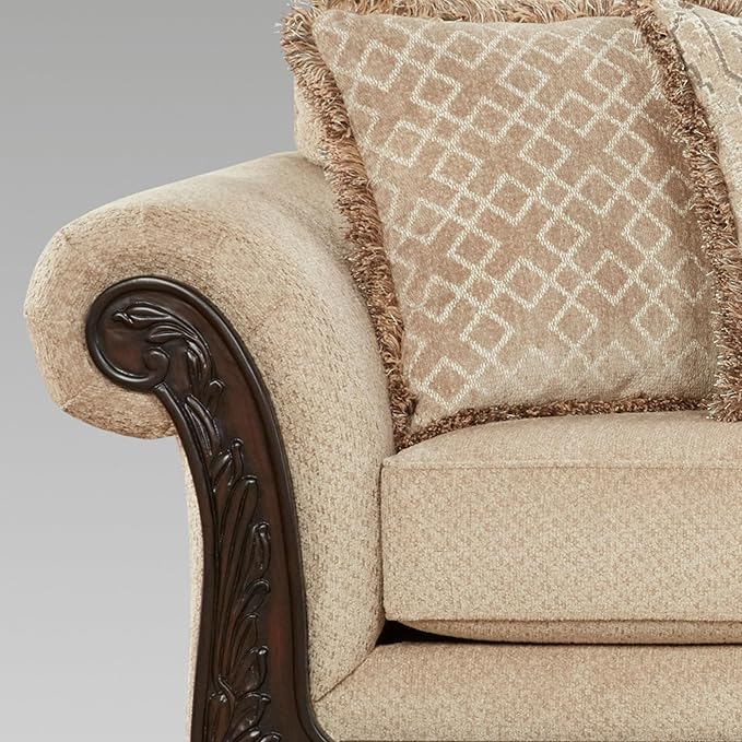 Hernen Carved Wood Frame Loveseat Beige Wheat