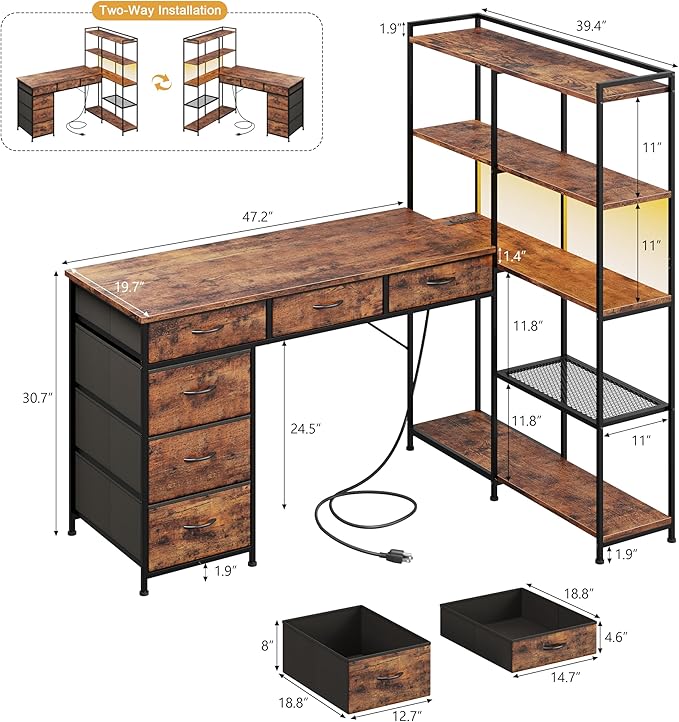 Garvee L Shaped Gaming Computer Desk with 6 Fabric Drawers Corner Gaming Desk with Open Shelves Home Office PC Table with Power Outlets &amp LED Lights 58.3 l*54.3 h Rustic Brown