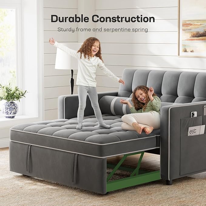 Marsail 3-in-1 Convertible Futon Sleeper Sofa Bed Pull Out Couch with Adjustable Backrest USB Charging &amp Side Pockets Velvet Fabric Sofa for Living Room Apartment Loveseat Grey