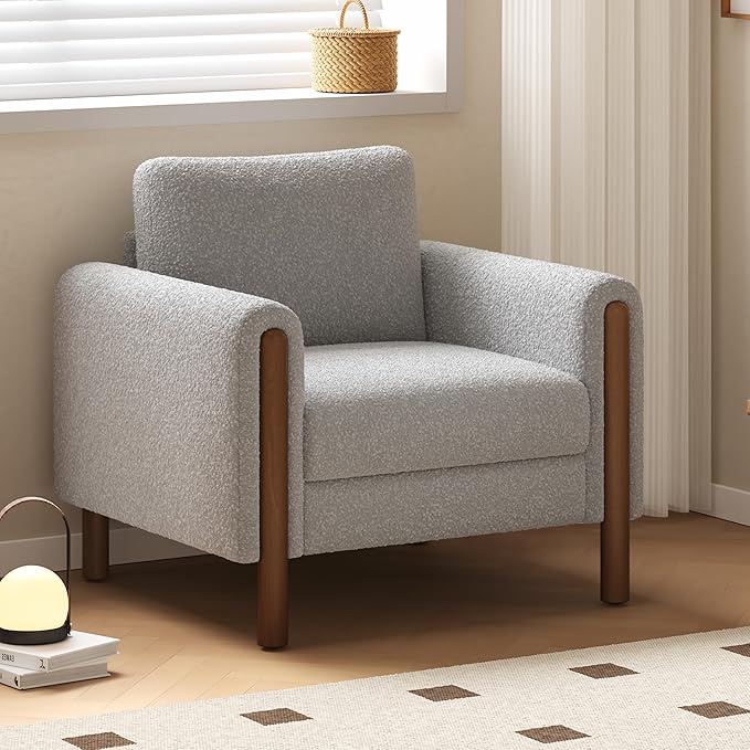 Oversized Accent Chair Upholstered Living Room Chairs Single Sofa Chair with Walnut Legs Curved handrail Grey