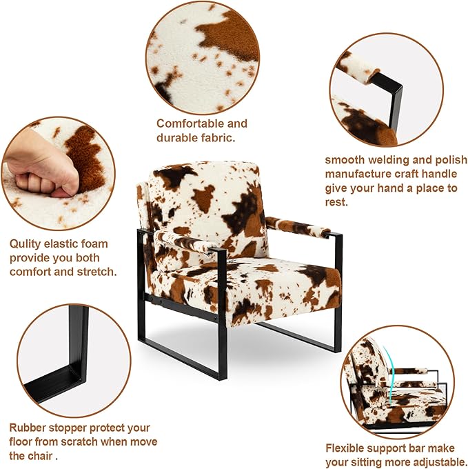 GIA Mid Century Modern Accent Chair Upholstered in Faux Fur Armchair with Black Metal Basefor Living Room Bedroom Home Office Set of 2 Brown Cow Print