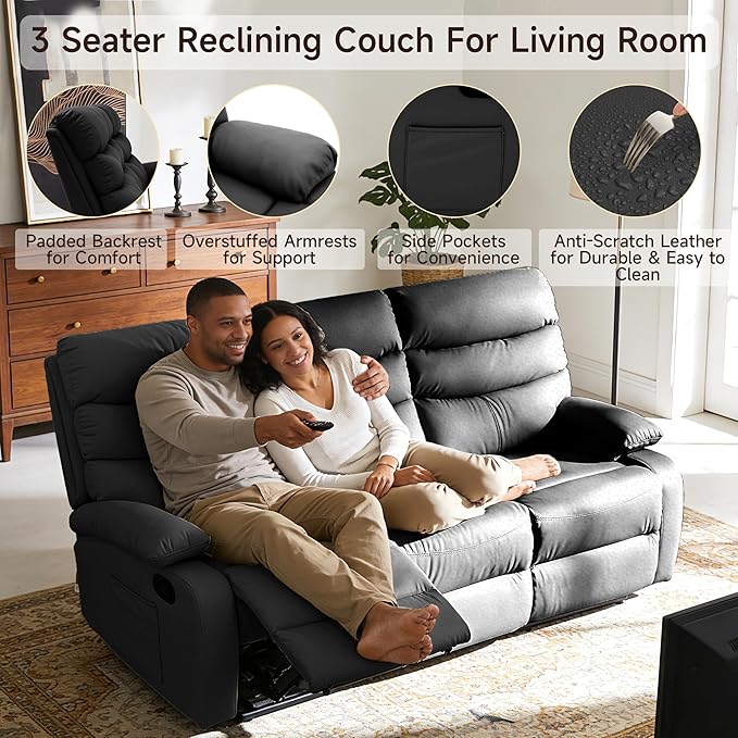 3 Seater Recliner Sofa Set Anti-Scratch Reclining Loveseat Sofa &amp Couch for Living Room RV Home Theater Apartment(Black 3 Seater Sofa)