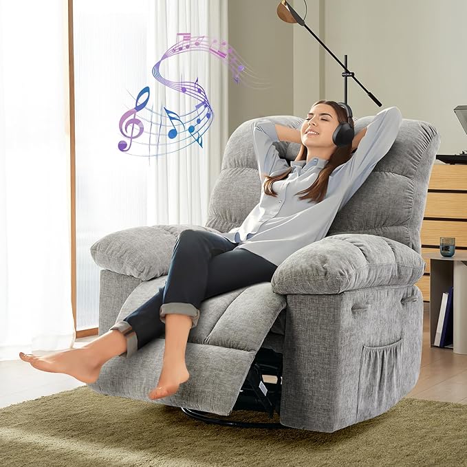 Oversized Swivel Rocker Recliner Chair for Adult360° Swivel Rock Recliner Extra Wide Manual Recliners Chenille Upholstery Overstuffed Soft Rocking Sofa ChairGrey