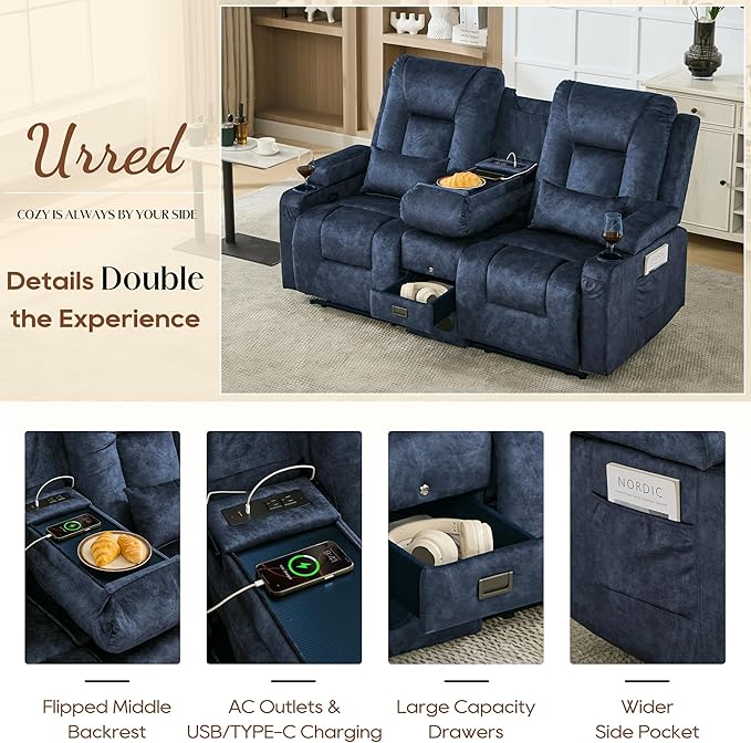 URRED Manual Reclining Loveseat Sofa with Console Double Recliner RV Couch with Bluetooth Speakers USB &amp Power Outlet Cup Holders Pillow and Side Pocket for Home Theater (Blue)