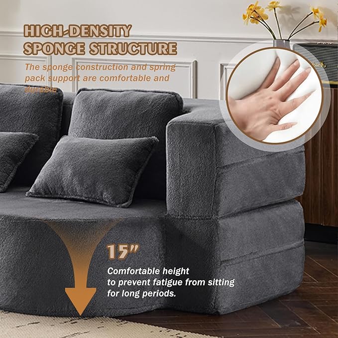78 Plush Fabric Folding Floor Sofa Couch BedConvertible Folding Sofa Bed Full Size Love Seat Sleeper Bed with 4 Pillows for Living Room Apartment Office (Plush Fabric+Gray)