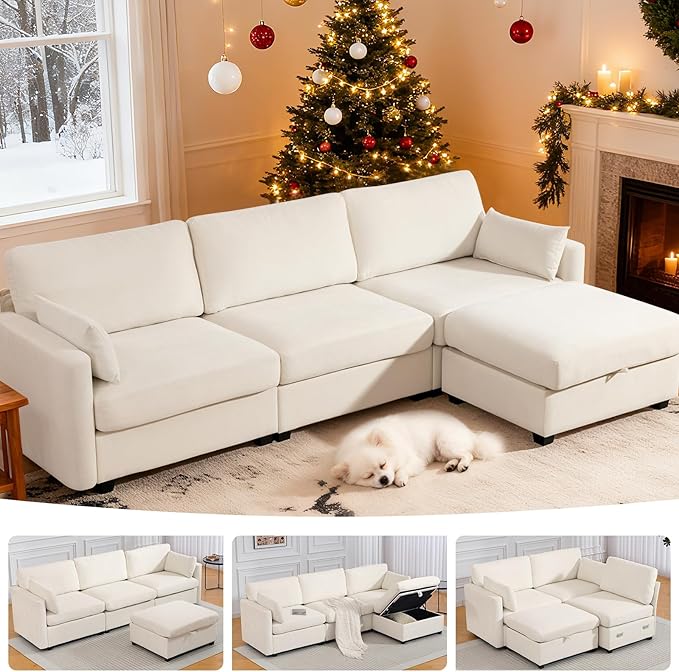 109'' Modular Sectional Sofa L Shaped Couch with Storage Ottoman Comfy Cloud Sofa with Deep Seat 4 Seat Convertible Sectional Couches for Living Room (Beige Low Legs 1.97)
