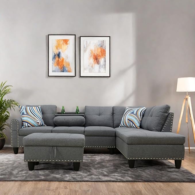 L Shaped Sectional Couch with Reversible Cup Holder and Chaise 4 Seater Lounge Sofa Modern Nailhead Design with Storage Ottoman Grey