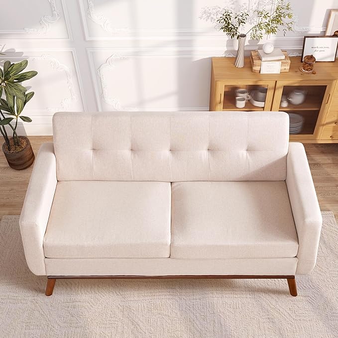 Kingfun 65 W Loveseat Sofa Mid Century Modern Decor Love Seat Couches for Living Room Button Tufted Upholstered Furniture Solid &amp Easy to Install Small Couch for Bedroom Office ApartmentOatme