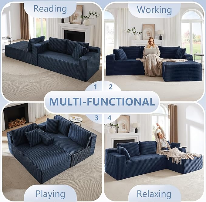 103 L-Shape Cloud Couch with Chaise Upholstered Corduroy Modular Sectional Sofa Deep Seat Couch with Free Combination for Living Room &amp ApartmentNo Assembly Required(BlueRight Facing Chaise)