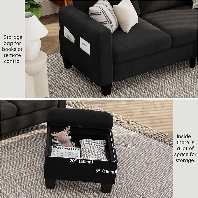 Sectional Sofa Couches for Living Room - 3-Seat Black-Velvet L-Shaped Modern Sofa Couch with Reversible Storage Ottoman &amp Storage Pockets for Living Room Apartment Studio or Small Space