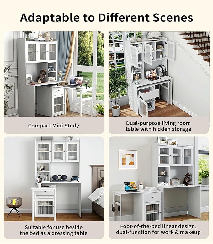 LUMISOL Home Office L Shaped Desk with Hutch &amp Bookshelf Computer Desk with 90 Degree Rotating Desktop Multi-Functional Woking Table with Storage Drawers for Study Room Office Living Room White