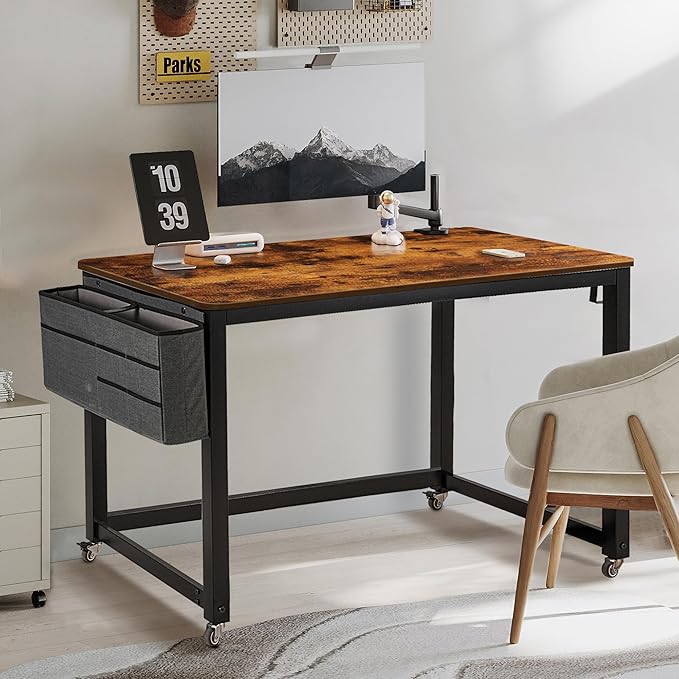 AHB Rolling Computer Desk with 4 Smooth Wheels Simple Style Mobile Writing Desk Home Office Study Table Movable Workstation with Metal Frame (Brown 39'')