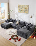 TYBOATLE 146’’ Boneless Couch for Living Room U Shaped Cloud Sectional Sofa w/Ottoman Comfy Boneless Modular Couch w/Memory Foam Grey