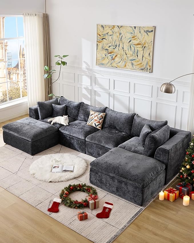TYBOATLE 146’’ Boneless Couch for Living Room U Shaped Cloud Sectional Sofa w/Ottoman Comfy Boneless Modular Couch w/Memory Foam Grey