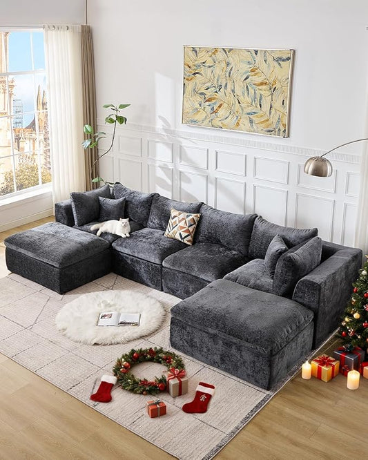 TYBOATLE 146’’ Boneless Couch for Living Room U Shaped Cloud Sectional Sofa w/Ottoman Comfy Boneless Modular Couch w/Memory Foam Grey