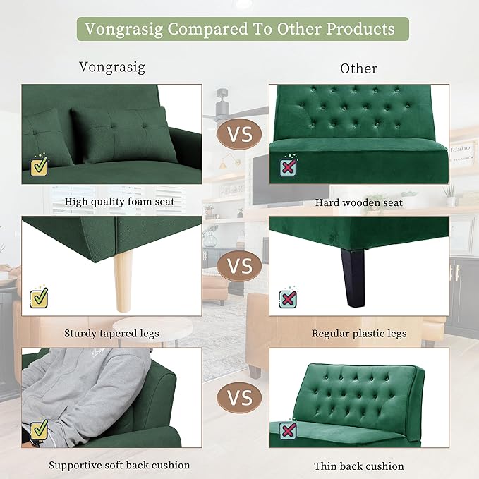Vongrasig 47 Small Modern Loveseat Sofa Mid Century Linen Fabric 2-Seat Sofa Couch Tufted Love Seat with Back Cushions and Tapered Legs for Living Room Bedroom and Small Space (Green)